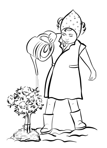 一个穿着浴袍、穿着胶靴的小女孩正在用喷壶给一丛灌木浇水。夏天。图片下载