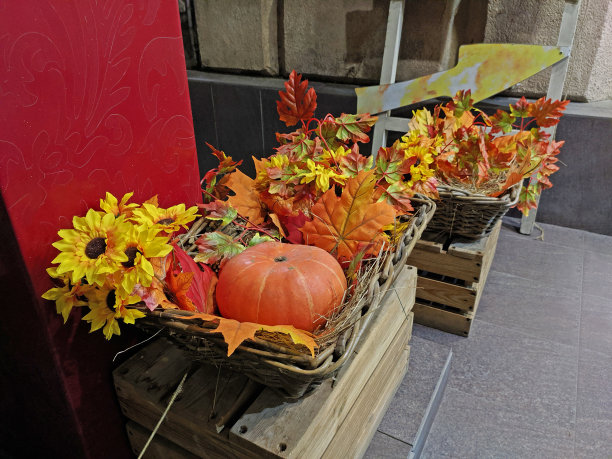 橙色的南瓜，向日葵和秋叶放在柳条篮里，站在户外的木箱上图片下载