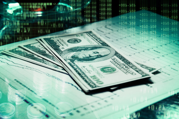 双曝光照片，Dollar Money模糊背景和图形，投资经理工作新的私人银行项目办公室，金融和业务概念图片下载