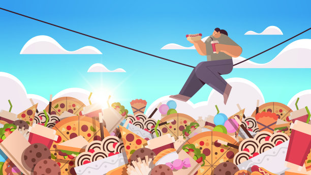 女人坐在垃圾上方的绳子上保持平衡图片下载