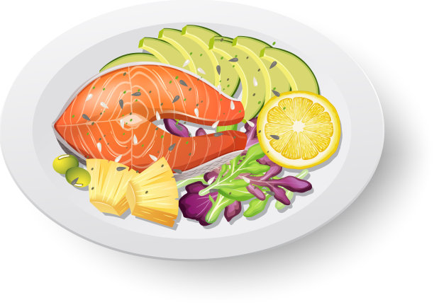 健康餐，白色盘子上有三文鱼排图片下载