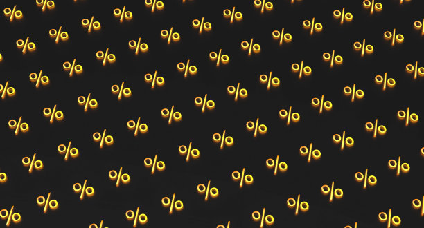 黄色发光的霓虹灯百分号。百分制标志背景概念。黑色背景的壁纸有一定的黄色。3 d渲染插图。图片下载