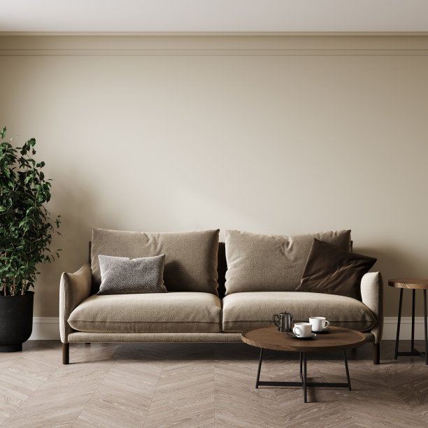 空的白色墙壁在现代客厅内部背景米色，客厅内部模拟，斯堪的纳维亚风格，3d渲染图片下载