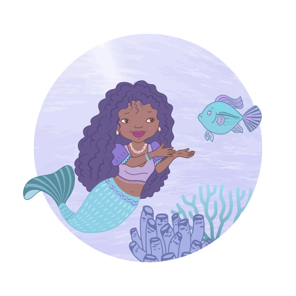 可爱的卡通美人鱼，黑色的卷发和蓝绿色的尾巴在水下游泳，有趣的鱼，藻类和蛤蜊。向量。图片下载