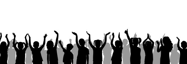 一群欢快的孩子。致敬、鼓掌、竖起大拇指的剪影。矢量图图片下载