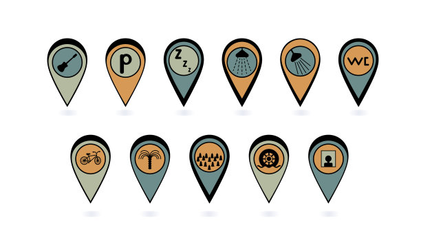 安全别针图标与旅行符号象形图图片下载