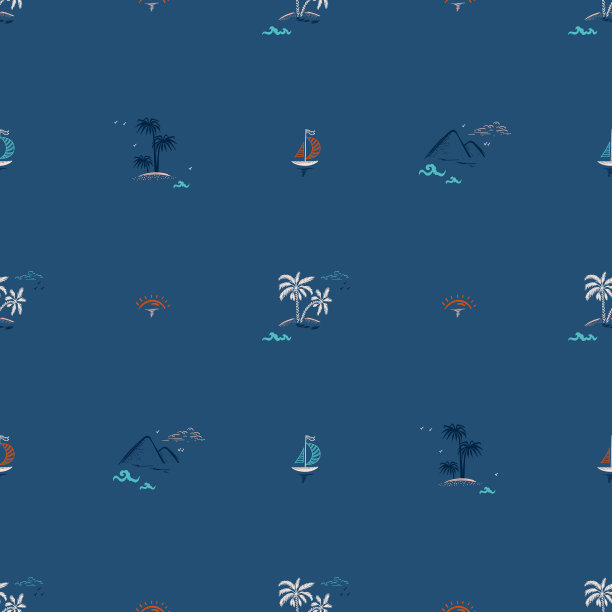 旅游度假主题。夏季海景无缝深蓝色图案。棕榈树，岛屿，海浪，帆船，热带植物和阳光黎明。矢量图图片下载