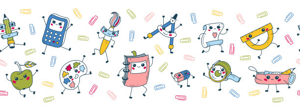 返校无缝横幅。可爱的学校用品重复边界图案的孩子设计。舞蹈快乐教育人物。矢量插图。卡哇伊风格图片下载