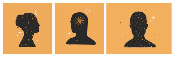 手绘矢量抽象股票平面图形插图设置标志元素，波西米亚星相魔法艺术的星系空间，新月，星星，太阳和人类剪影，品牌的简单风格。图片下载