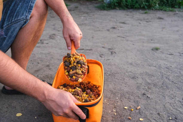 渔夫在玉米桶里混合鱼饵捕鱼图片下载