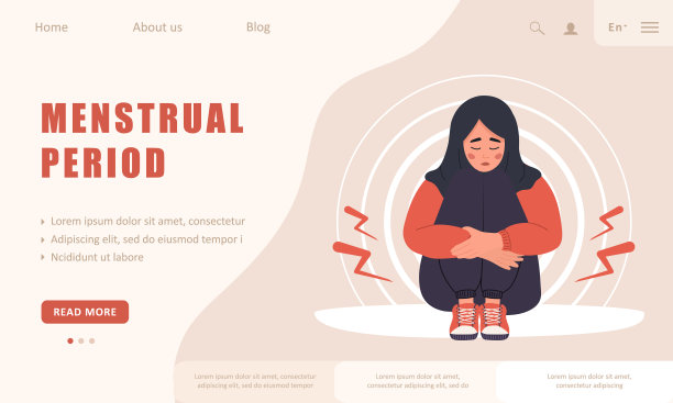 月经期。着陆页模板。有腹部绞痛或经前症候群症状的阿拉伯女人。女性危急日问题。矢量插图在平面卡通风格图片下载