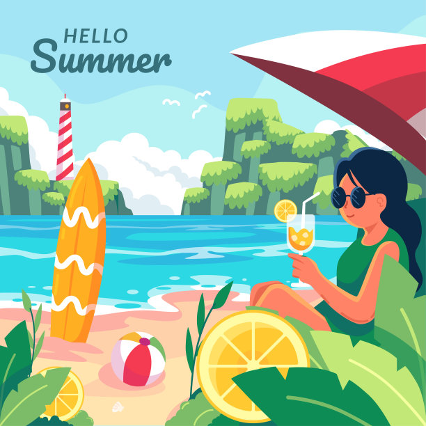 在海滩上伞下喝果汁的女人图片下载