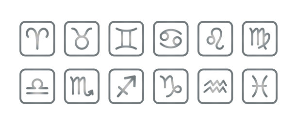 十二生肖星座集，十二生肖星座的占星符号。占星术银色梯度方形图标。图片下载