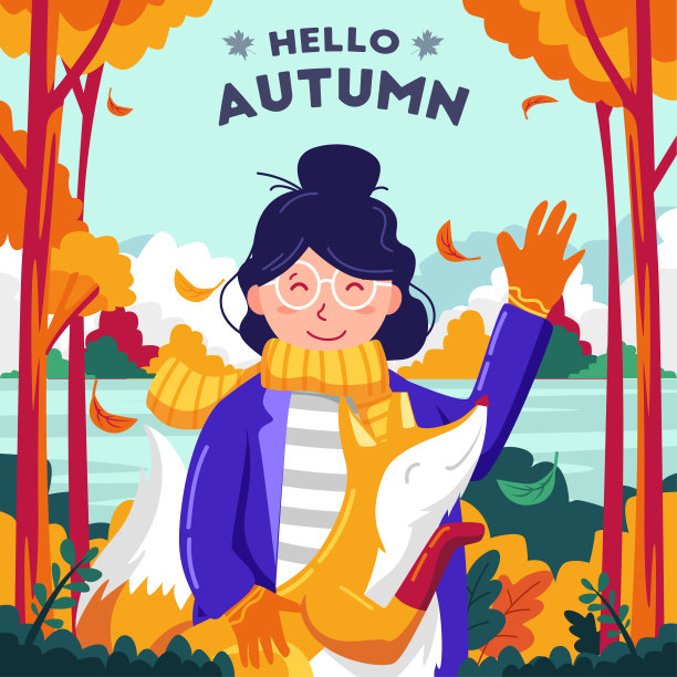 美丽的年轻女子和秋天森林里的狐狸。一只可爱的狐狸在女孩的怀抱里。图片下载