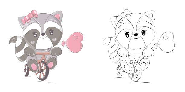 浣熊剪纸多色和黑色和白色。美丽的夹子艺术浣熊骑自行车与气球。图片下载