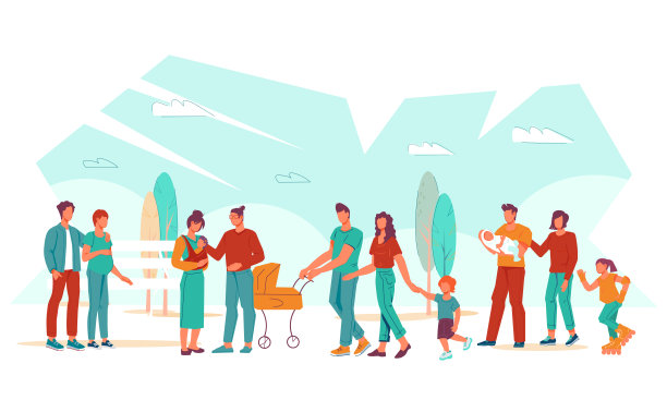 家庭夫妇与孩子散步，平面矢量插图孤立。图片下载