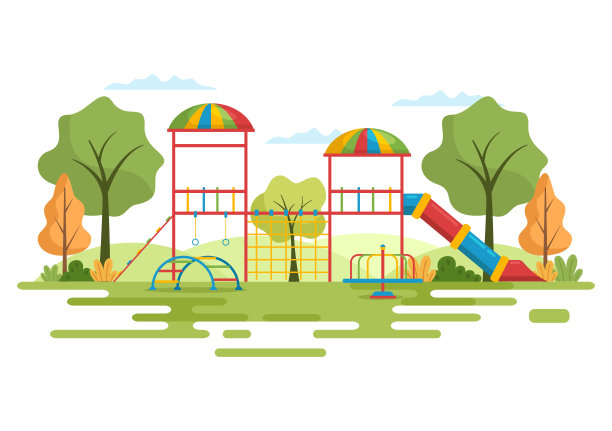 儿童游乐场与秋千，滑梯，爬梯和更多的游乐场为孩子们玩在平面卡通插图图片下载