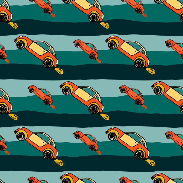 可爱的跑车无缝图案。运输壁纸。孩子手绘汽车背景。图片下载