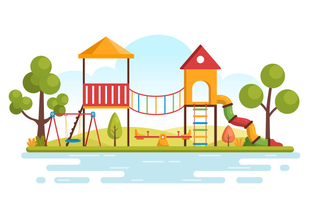 儿童游乐场与秋千，滑梯，爬梯和更多的游乐场为孩子们玩在平面卡通插图图片下载