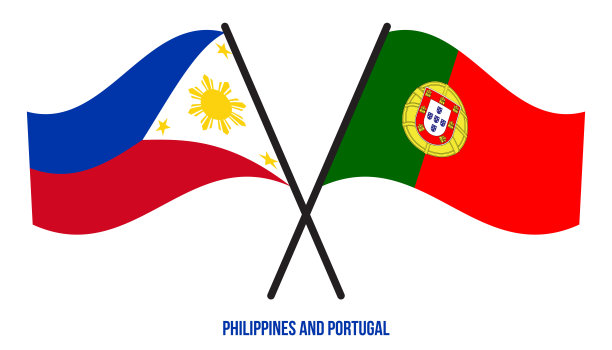 菲律宾和葡萄牙国旗交叉和扁平风格。官方的比例。正确的颜色。图片下载
