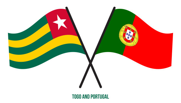 多哥和葡萄牙的国旗交叉并扁平地飘扬。官方的比例。正确的颜色。图片下载