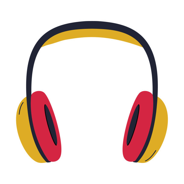 专业工作室耳塞耳机与大的红黄色耳垫。播客、在线学习、听音乐的设备。简单的平面矢量插图孤立在白色背景上。图片下载