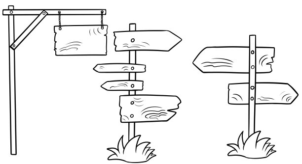 单色，收集旧的木制标志和标志在卡通风格，磨损的旧标志与草图片下载