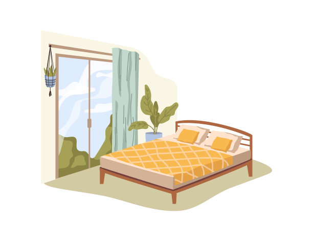 舒适的空房间，舒适的床，毯子，枕头，窗帘的窗户，盆栽的房子植物。矢量插图的家庭卧室或酒店房间室内设计。家具的公寓图片下载