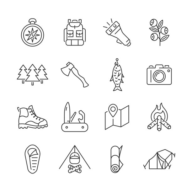 Ð '放大线图标设置。旅游矢量符号包括指南针，背包，浆果，森林，鱼，相机，口袋刀，帐篷。图片下载