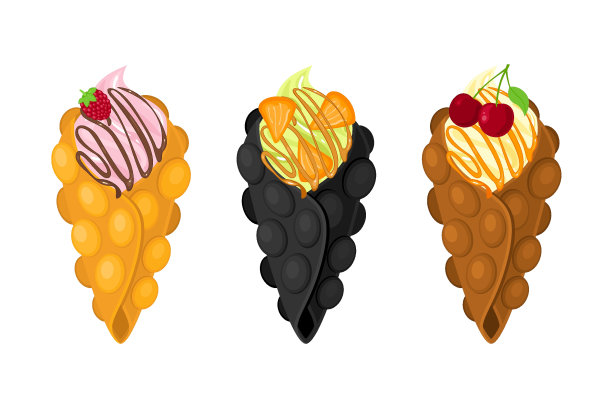 不同口味的泡沫华夫饼:覆盆子，橙果，木炭。图片下载