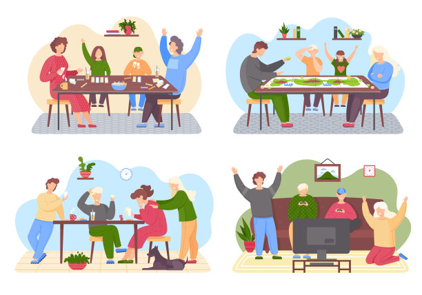 家庭游戏设置。家庭玩各种游戏的平面场景。大家一起在家里玩得很开心图片下载