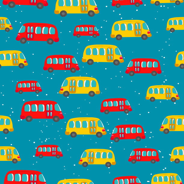 无缝图案可爱的巴士，轿车的颜色背景。Cartoot运输。矢量插图。涂鸦风格。设计婴儿打印，邀请，海报，卡片，织物，纺织品图片下载
