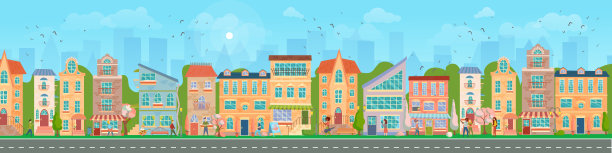 城市街道的野花。明亮的房屋，步行的行人，开花的树木，城市全景。商店和商店。春天的城市。矢量插图在卡通风格。图片下载