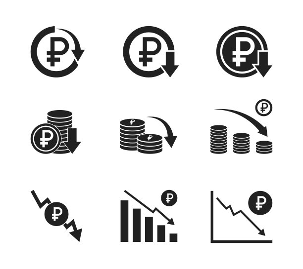 卢布下跌图标集。卢布下跌标志。矢量EPS 10图片下载