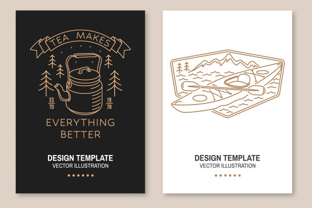 茶让一切变得更好。野营报价。向量。套线艺术传单，小册子，横幅，海报与独木舟，野营茶壶和森林。图片下载