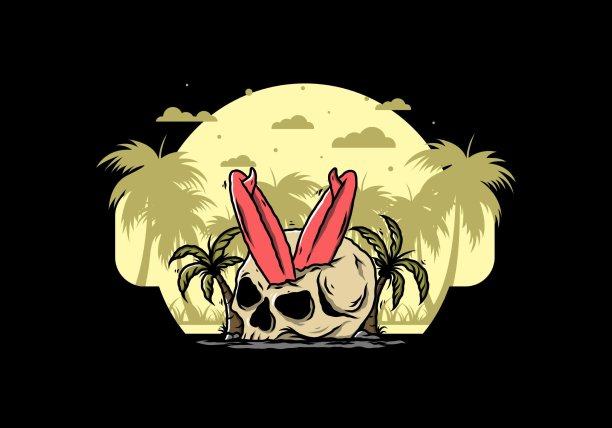 冲浪板卡在人类头骨插图图片下载