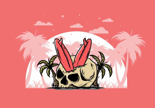 冲浪板卡在人类头骨插图图片下载