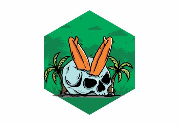 冲浪板卡在人类头骨插图图片下载