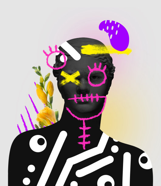 当代艺术拼贴与古董黑色雕塑半身像霓虹灯图纸。男性的眼睛元素。图片下载