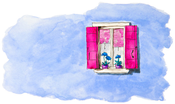 淡紫色立面上一扇带粉色百叶窗的窗户的水彩画。图片下载