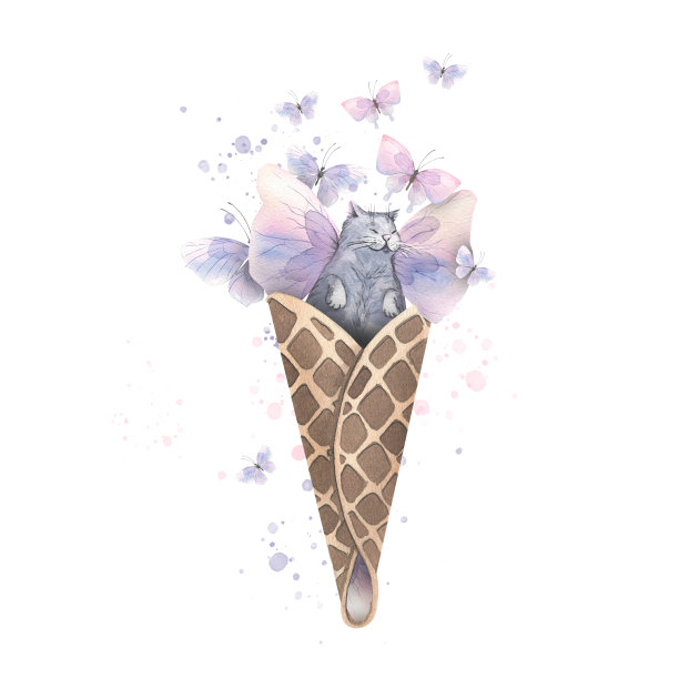 长着翅膀的猫和飞舞的蝴蝶，华夫饼筒里的颜料飞溅。水彩插图。用于明信片的设计和装饰。海报、纪念品、印刷品、衣服。图片下载