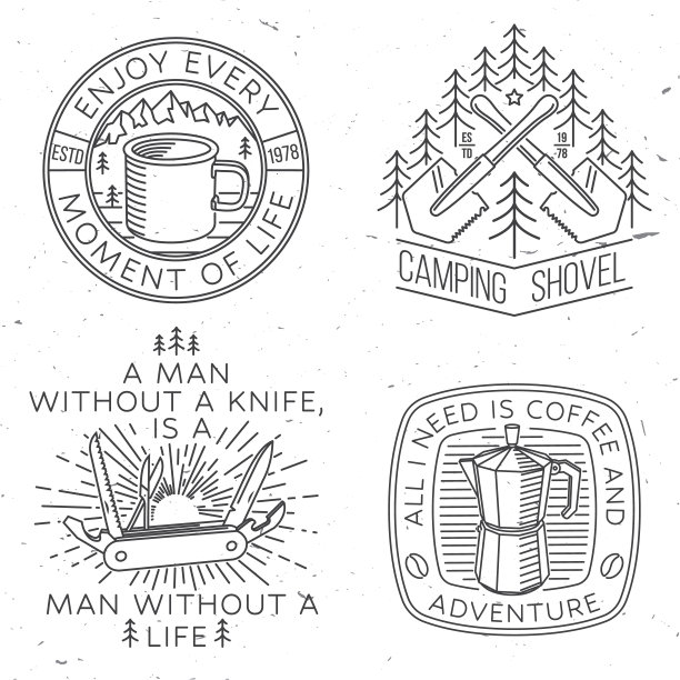 一套旅行励志名言。向量。复古的线条艺术设计复古的露营茶壶，口袋刀，露营帐篷和马克杯。野营报价。图片下载