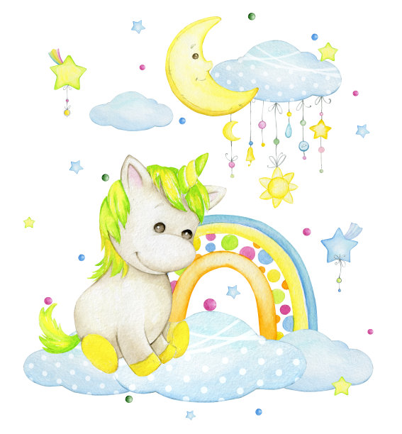 独角兽，彩虹月亮，云，星星。水彩剪贴画，在卡通风格，在一个孤立的背景。图片下载