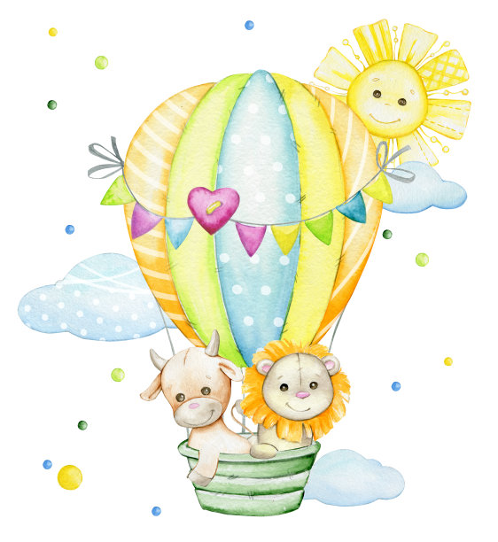 一只狮子，一头公牛，在气球中飞翔，背景是太阳和云彩。水彩剪贴画，在卡通风格。图片下载