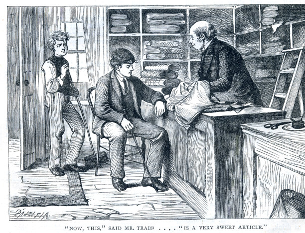 《远大前程》查尔斯·狄更斯19世纪的原始插图——菲利普·皮普·皮里普在服装用品商店里图片下载