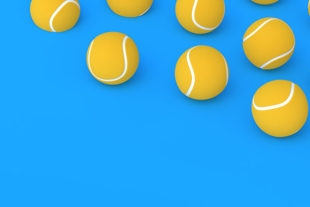 蓝色背景上有许多网球。国际冠军。运动器材。积极的运动。休闲游戏。副本的空间。三维渲染图片下载