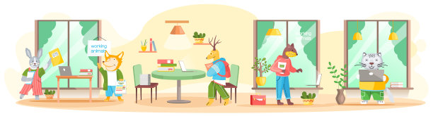 工作的动物可爱的卡通人物在工作图片下载