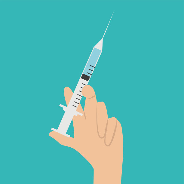 蓝色背景的医生手上的注射器。矢量平面插图，复制空间。接种疫苗的概念图片下载