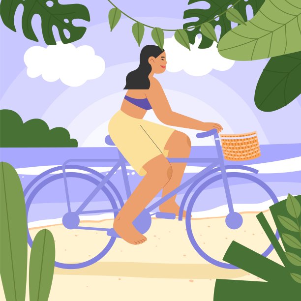 热带岛屿或海滨度假胜地的夏季度假横幅。平面矢量插图与快乐的女人骑自行车在海滩上，异国情调的热带在背景。图片下载