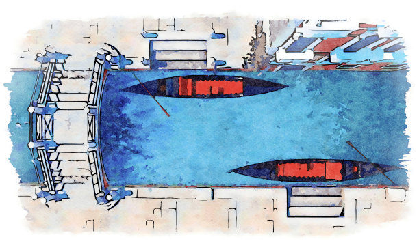 水彩画俯瞰威尼斯大桥和贡多拉图片下载